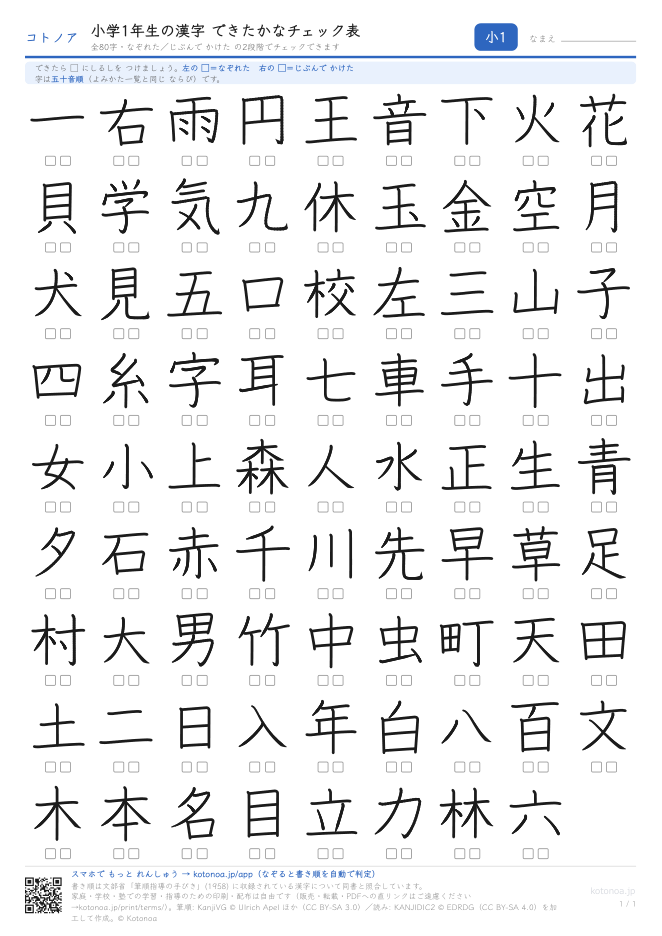 小学1年生の漢字できたかなチェック表(A4・1枚)(PDFのプレビュー)