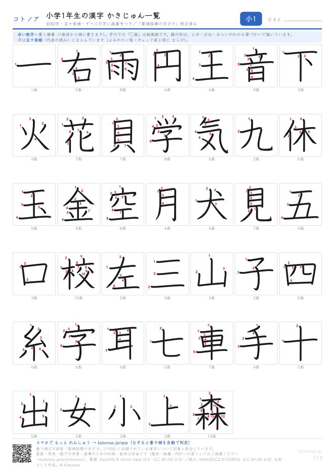小学1年生の漢字かきじゅん一覧(画番号つき)(PDFのプレビュー)