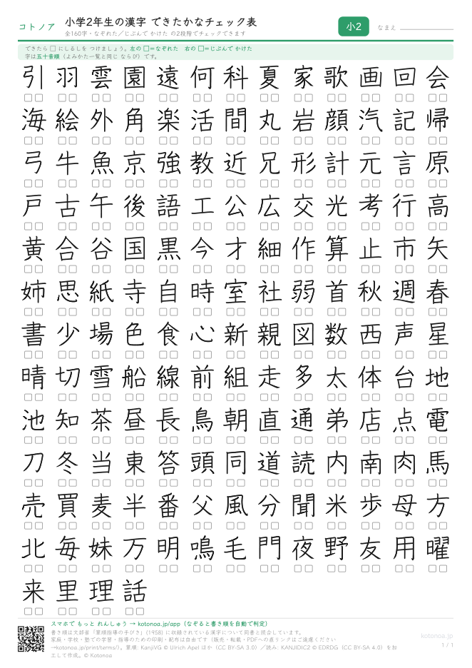 小学2年生の漢字できたかなチェック表(A4・1枚)(PDFのプレビュー)