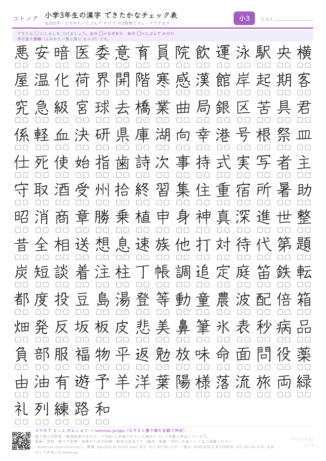 小学3年生の漢字できたかなチェック表(A4・1枚)(PDFのプレビュー)