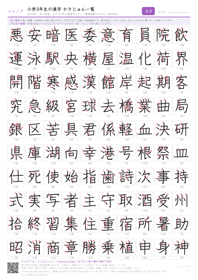 小学3年生の漢字かきじゅん一覧(画番号つき)(PDFのプレビュー)