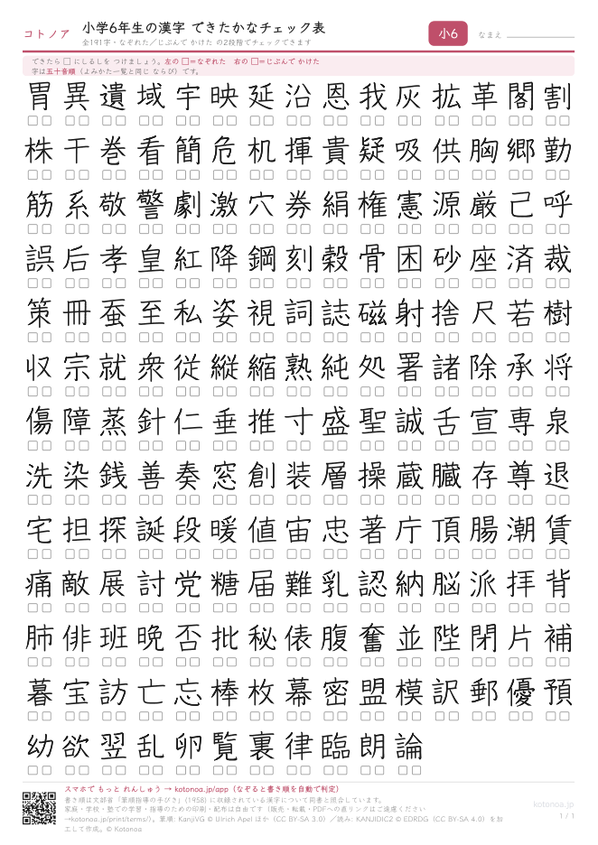 小学6年生の漢字できたかなチェック表(A4・1枚)(PDFのプレビュー)