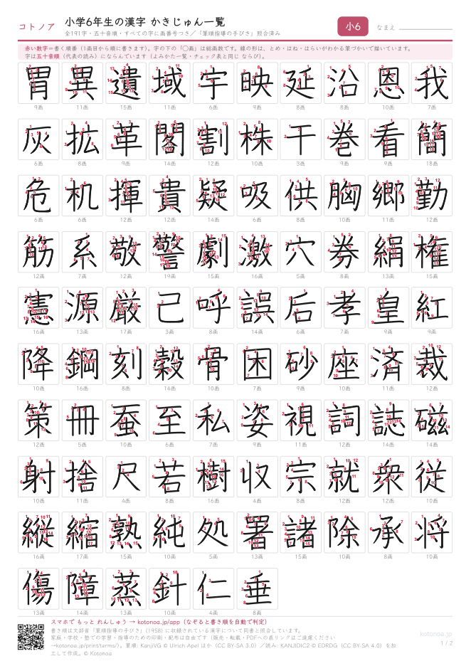 小学6年生の漢字かきじゅん一覧(画番号つき)(PDFのプレビュー)